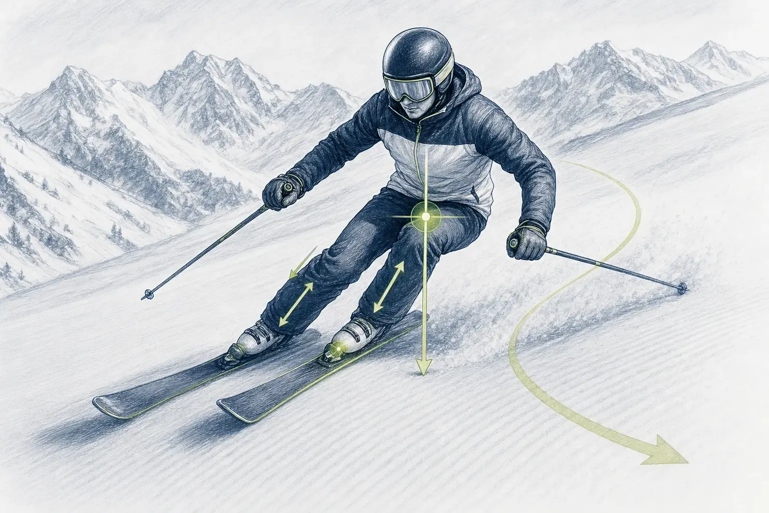 Aktive Haltung – technische Illustration Ski Loko