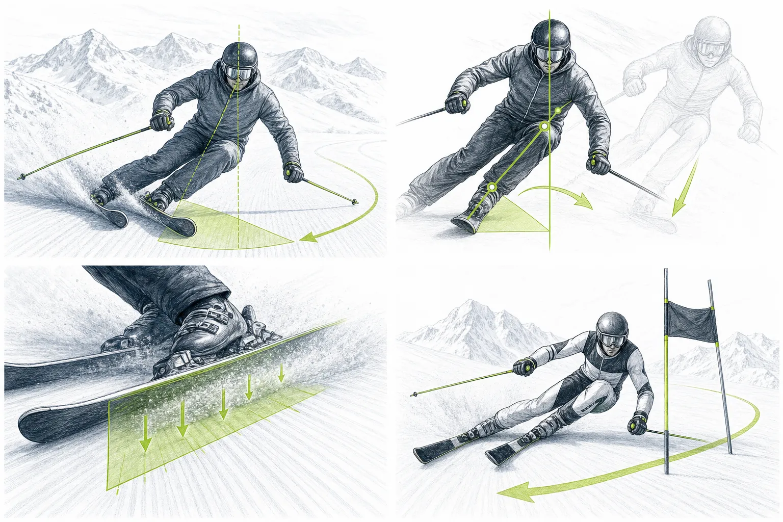 Angulation – technische Darstellung von Arbeit der Ski, Kanten, Druck oder Gleichgewicht
