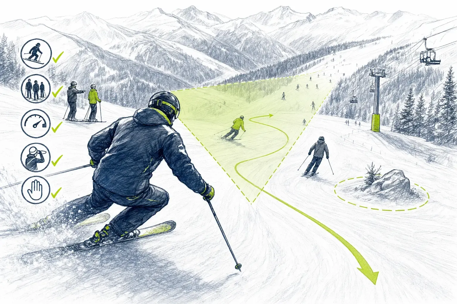 Sicherheit auf der Piste – technische Illustration Ski Loko