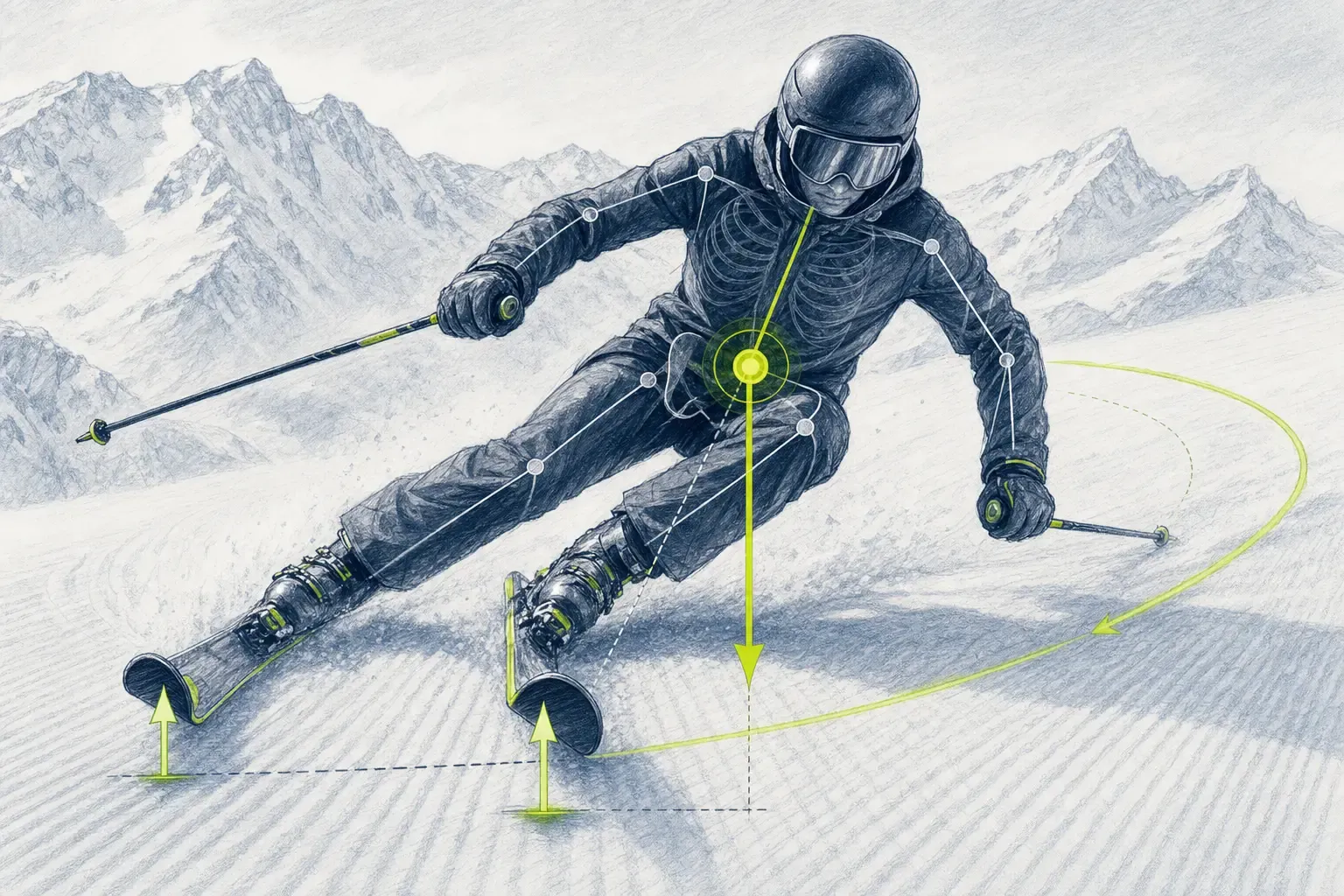 Schwerpunktzentrum – technische Illustration Ski Loko