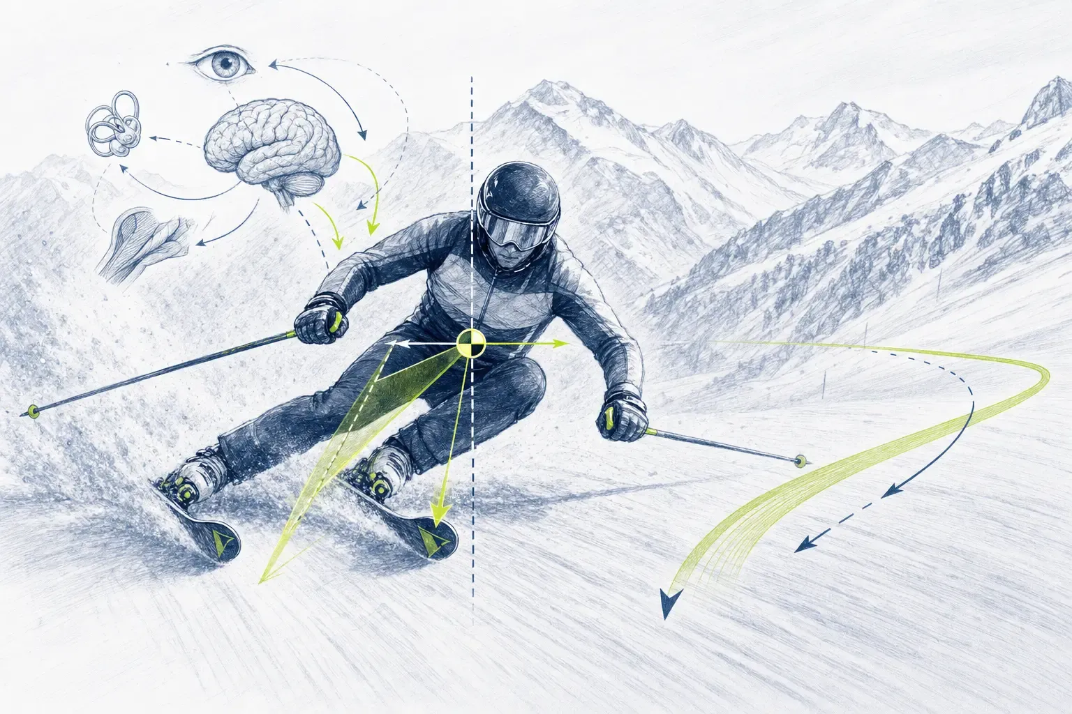 Dynamisches Gleichgewicht – technische Illustration Ski Loko