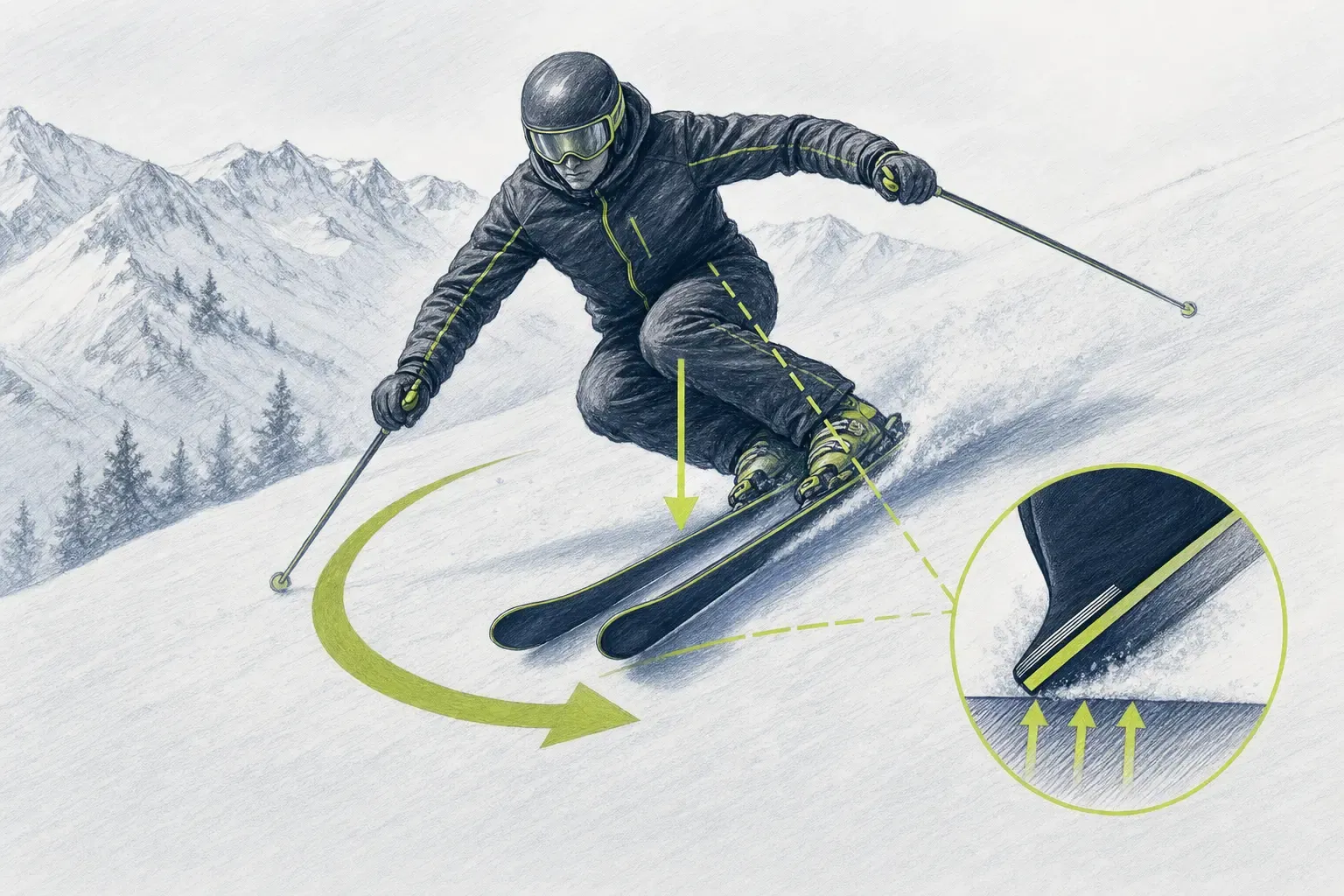 Fahren auf den Kanten – technische Illustration Ski Loko
