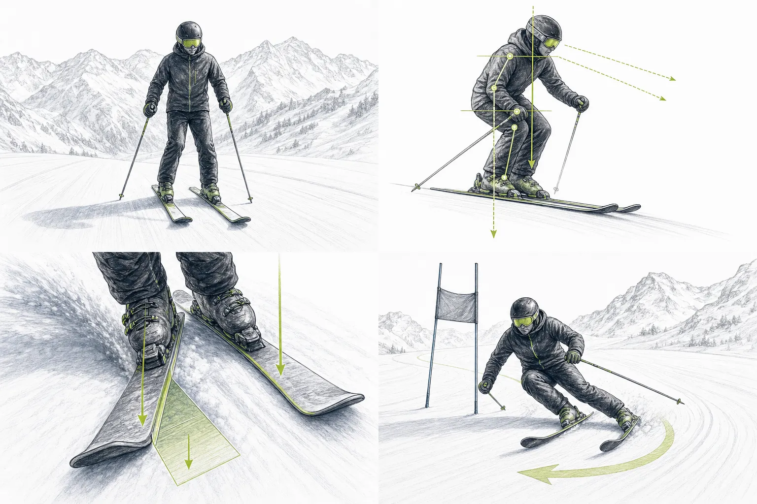 Skihaltung – technische Illustration der Körperarbeit in der Skibewegung