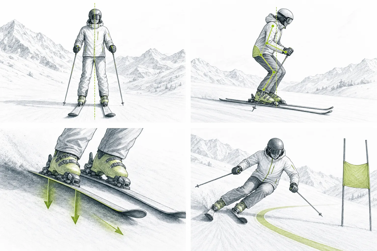 Skihaltung – technische Darstellung der Arbeit von Ski, Kanten, Druck oder Gleichgewicht