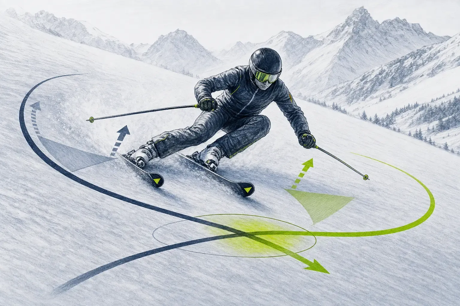 Anschwingen der Schwünge – technische Illustration Ski Loko