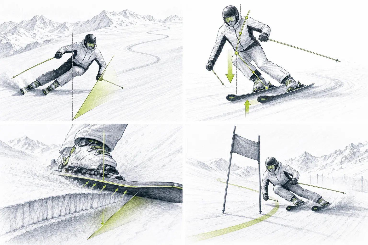 Neigung – technische Illustration der Körperarbeit in der Skibewegung