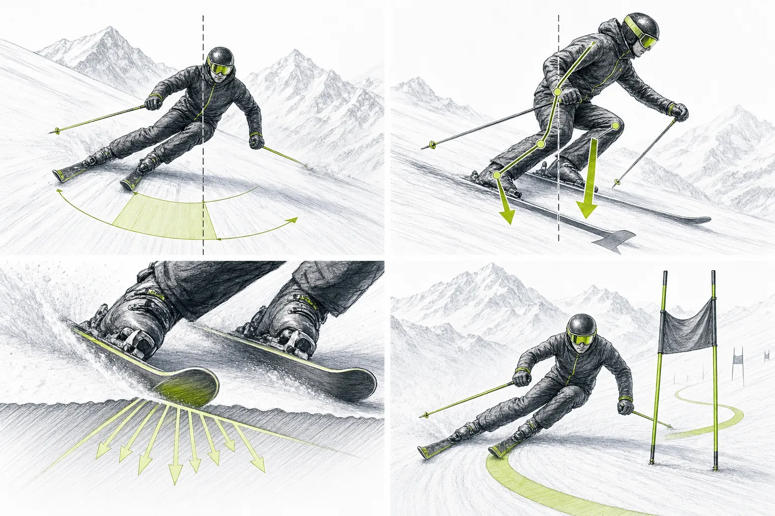 Neigung – technische Darstellung der Arbeit von Ski, Kanten, Druck oder Gleichgewicht