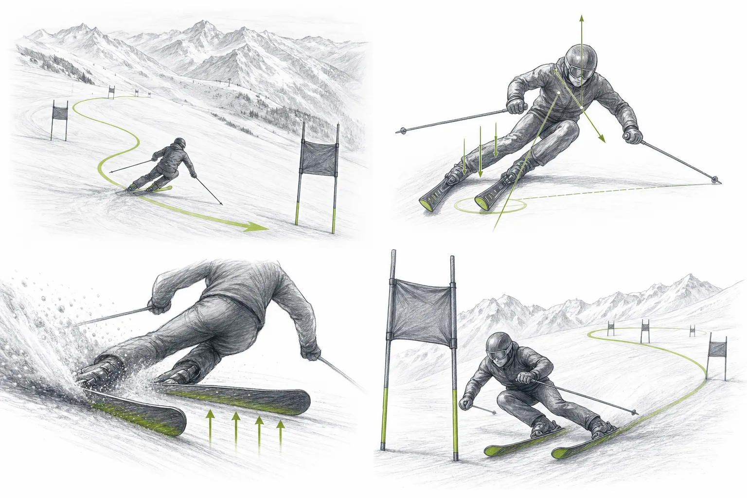 Riesenslalom GS – technische Darstellung der Arbeit von Ski, Kanten, Druck oder Gleichgewicht