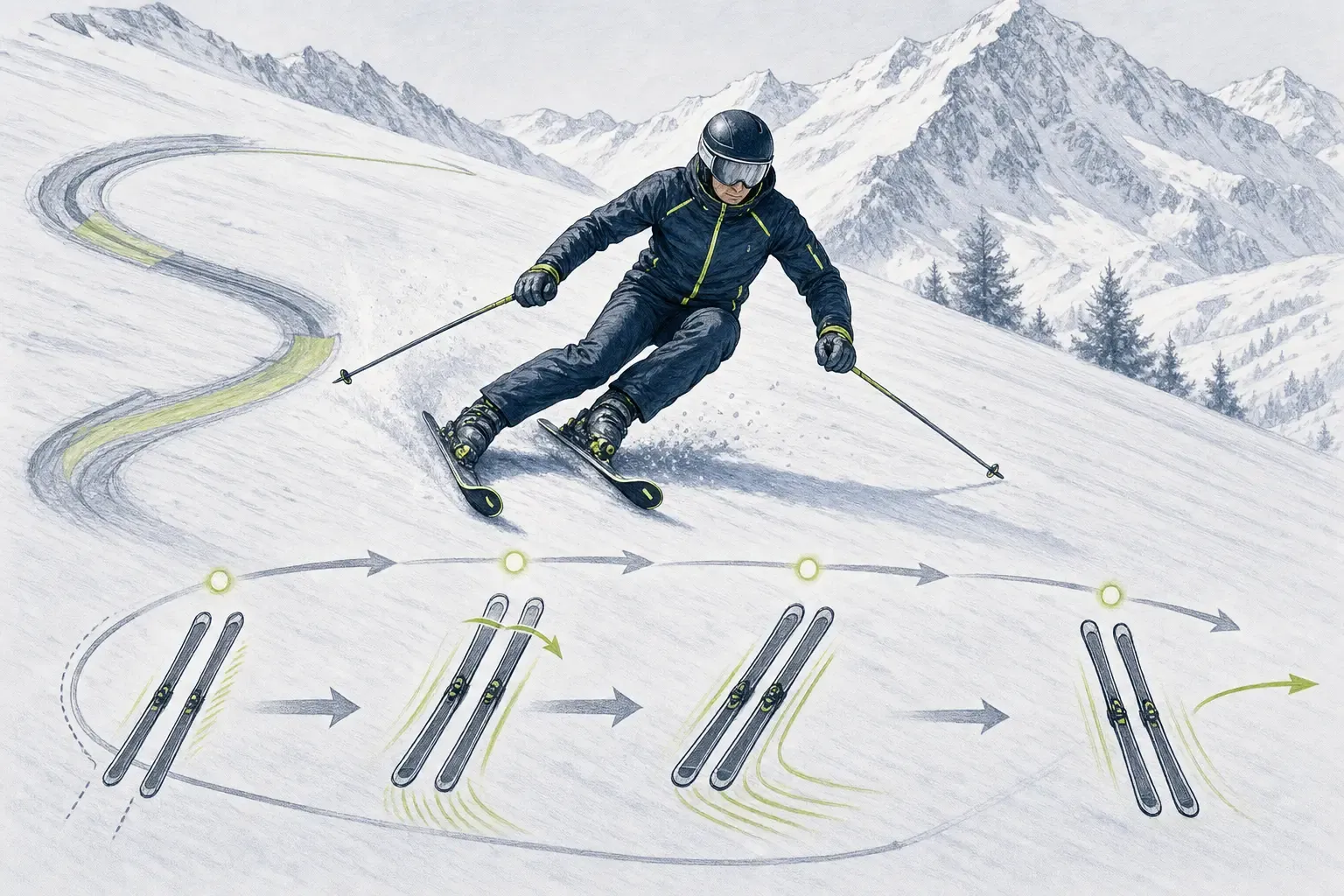 Paralleler Bogen – technische Illustration Ski Loko