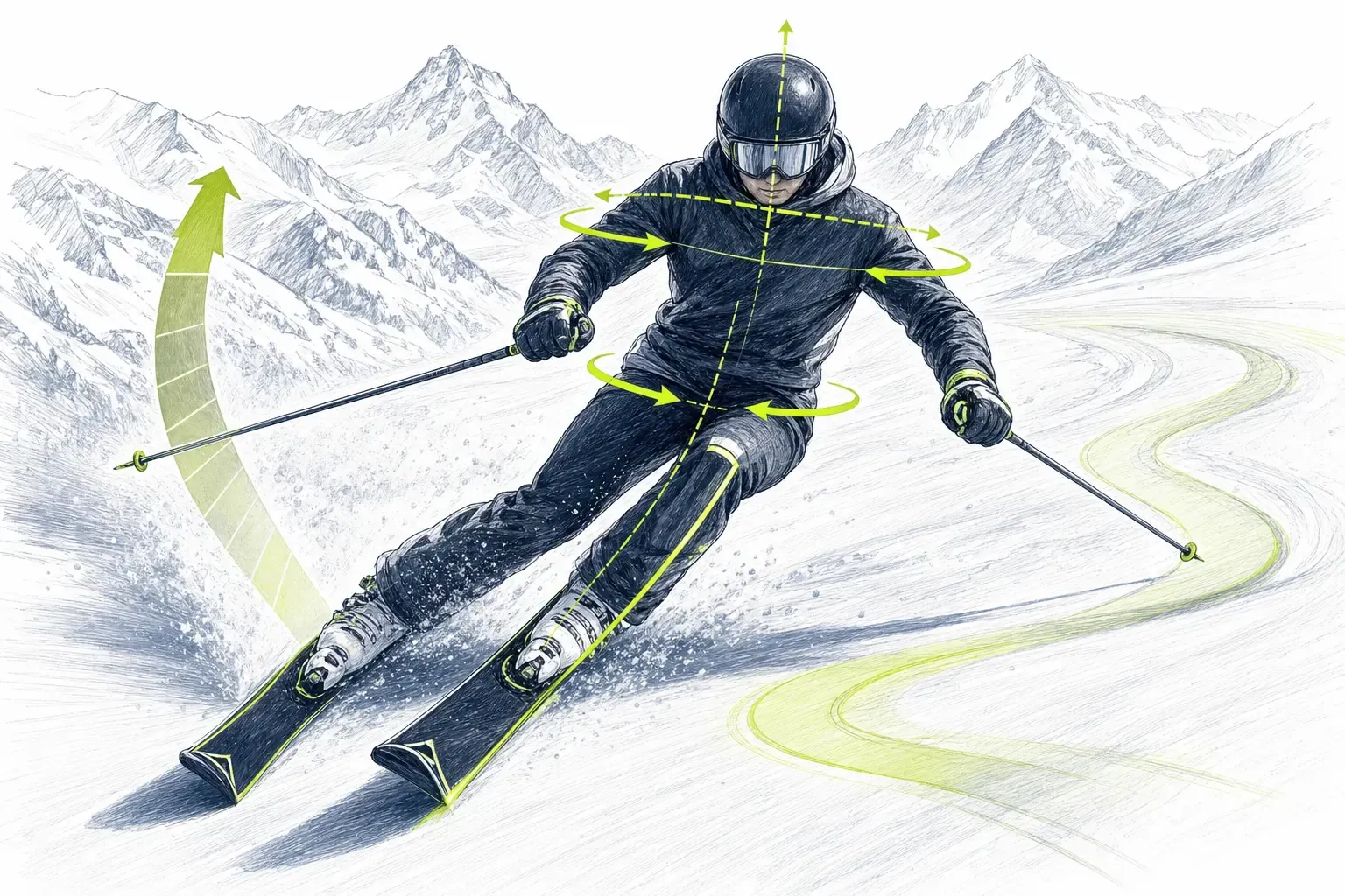 Arbeit des Oberkörpers – technische Illustration Ski Loko