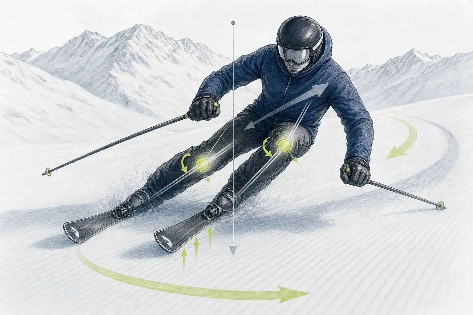Arbeit der Knie – technische Illustration Ski Loko