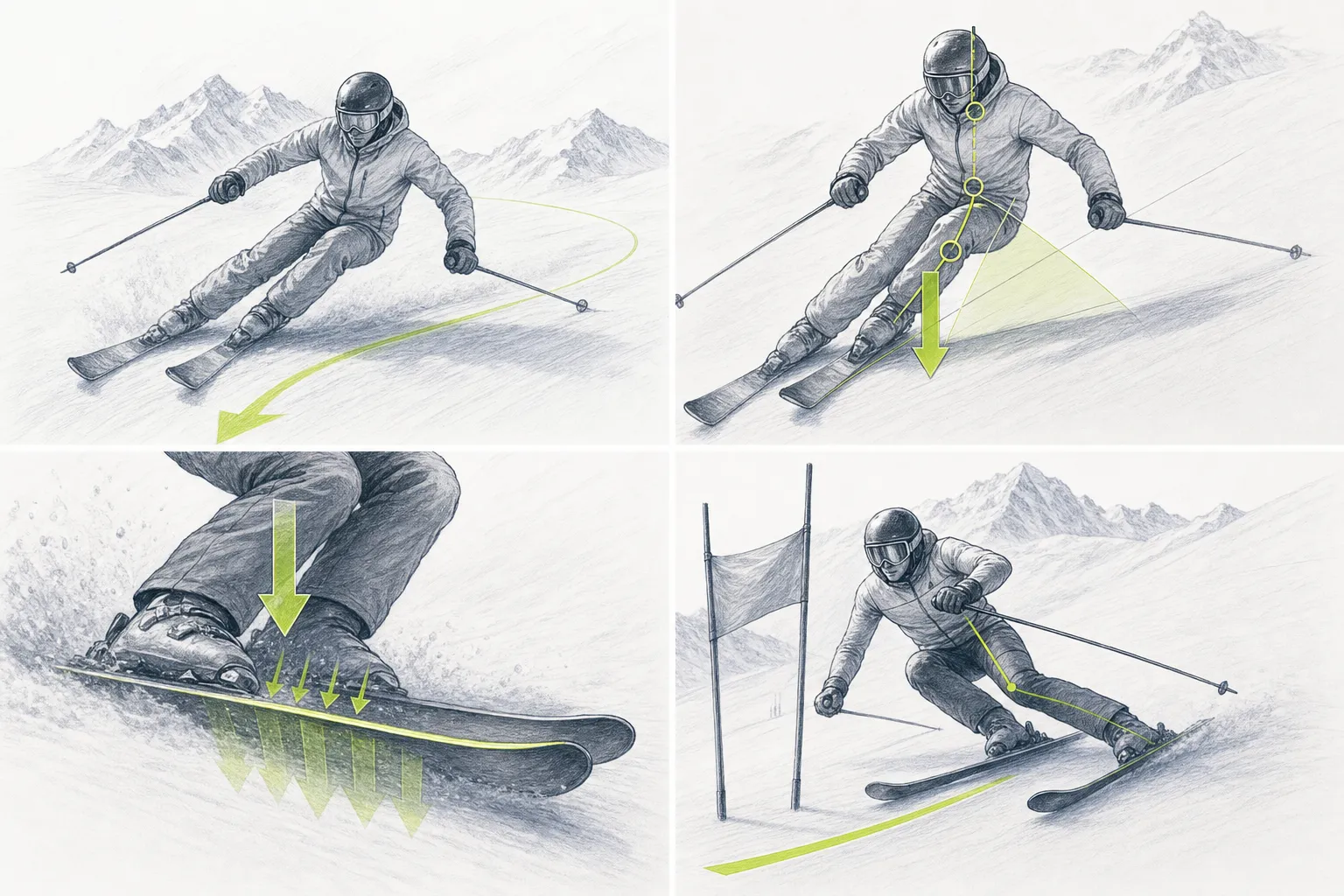 Gewichtsverlagerung – technische Darstellung der Arbeit von Ski, Kanten, Druck oder Gleichgewicht