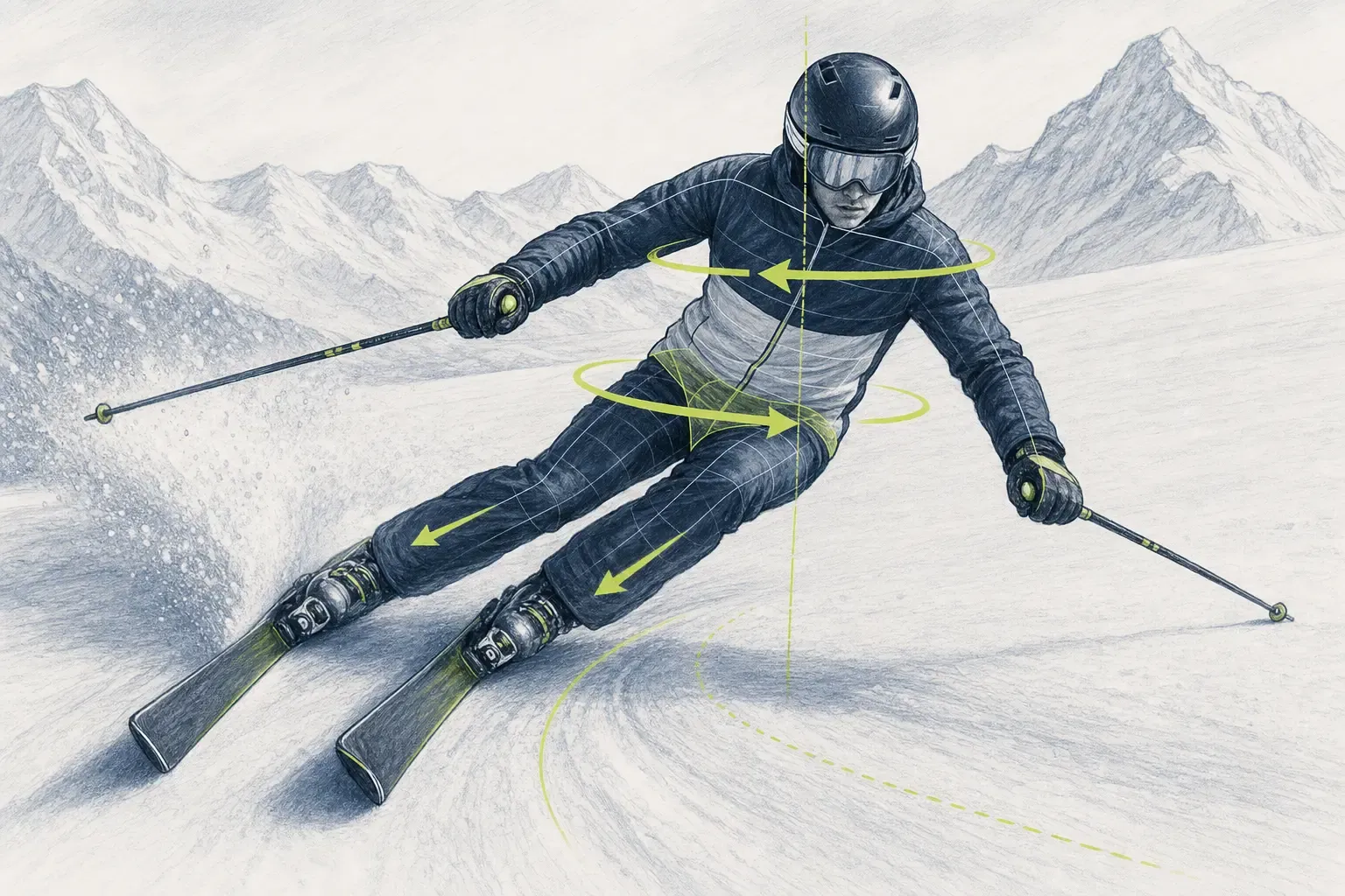 Gegenrotation – technische Illustration Ski Loko