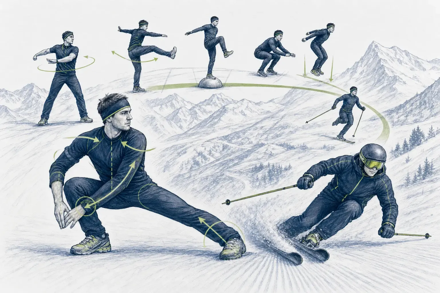 Aufwärmen – technische Illustration Ski Loko
