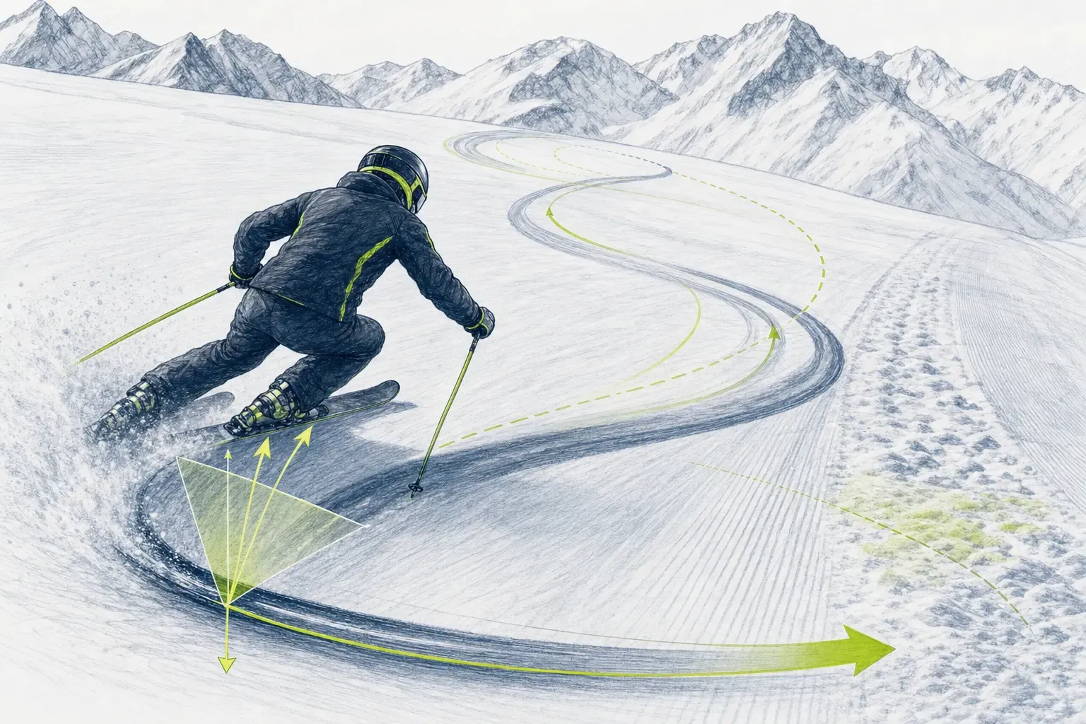 Aufwärmfahrt – technische Illustration Ski Loko