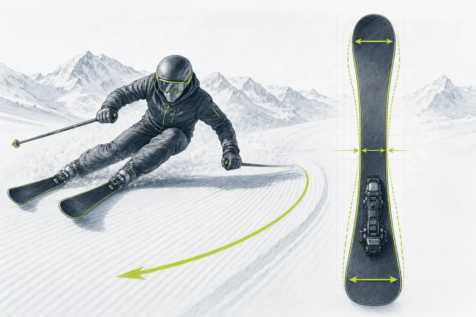 Sidecut und Taillierung des Skis – technische Illustration Ski Loko