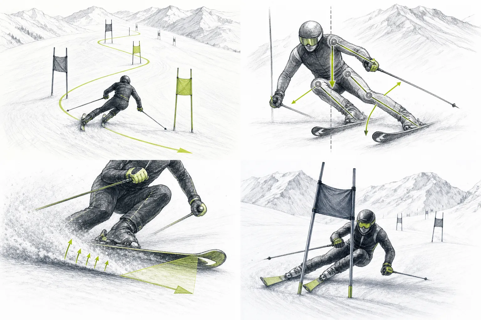 Slalom SL – ilustración técnica del trabajo del cuerpo en el movimiento sobre esquís