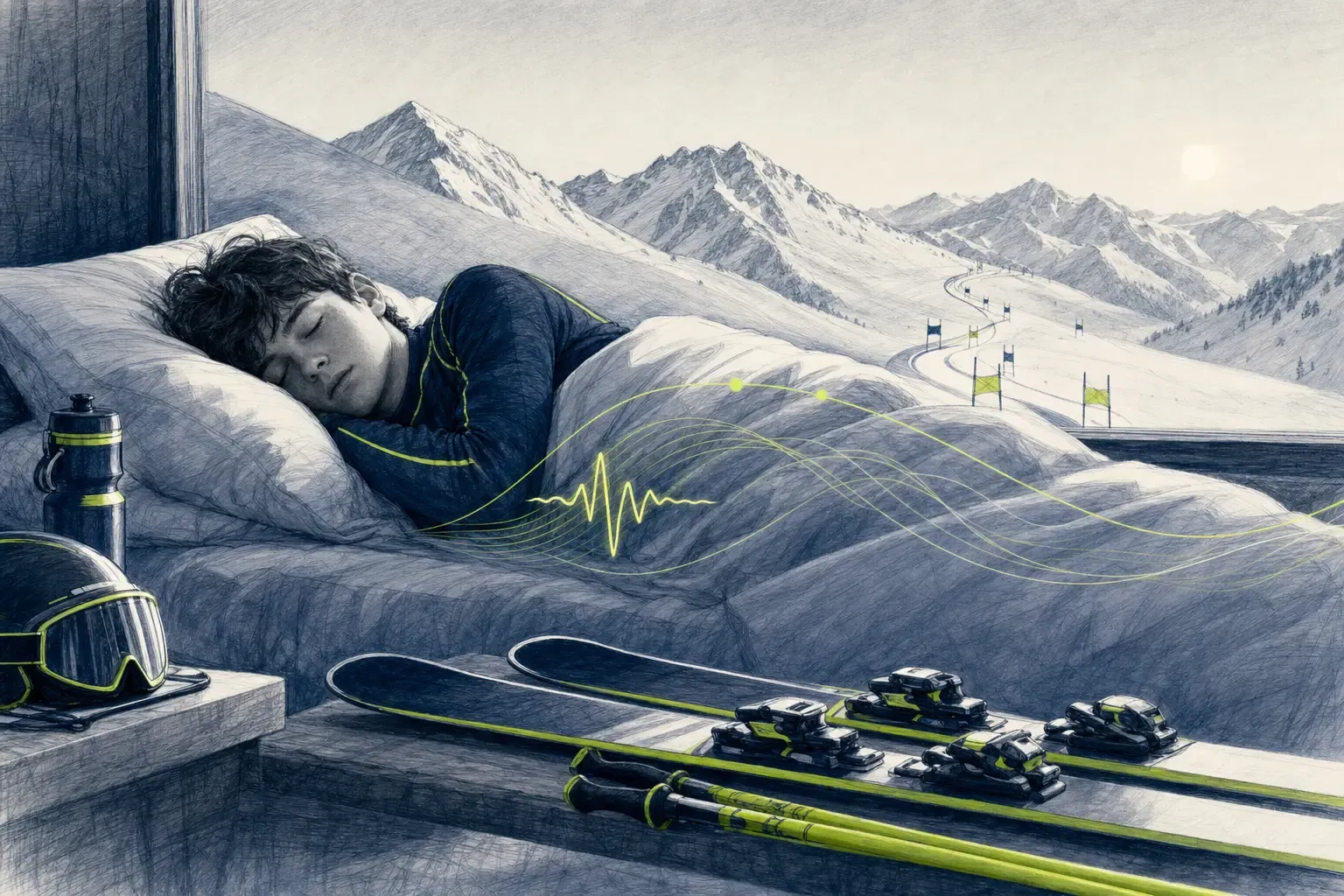 Schlaf des Sportlers – technische Illustration Ski Loko