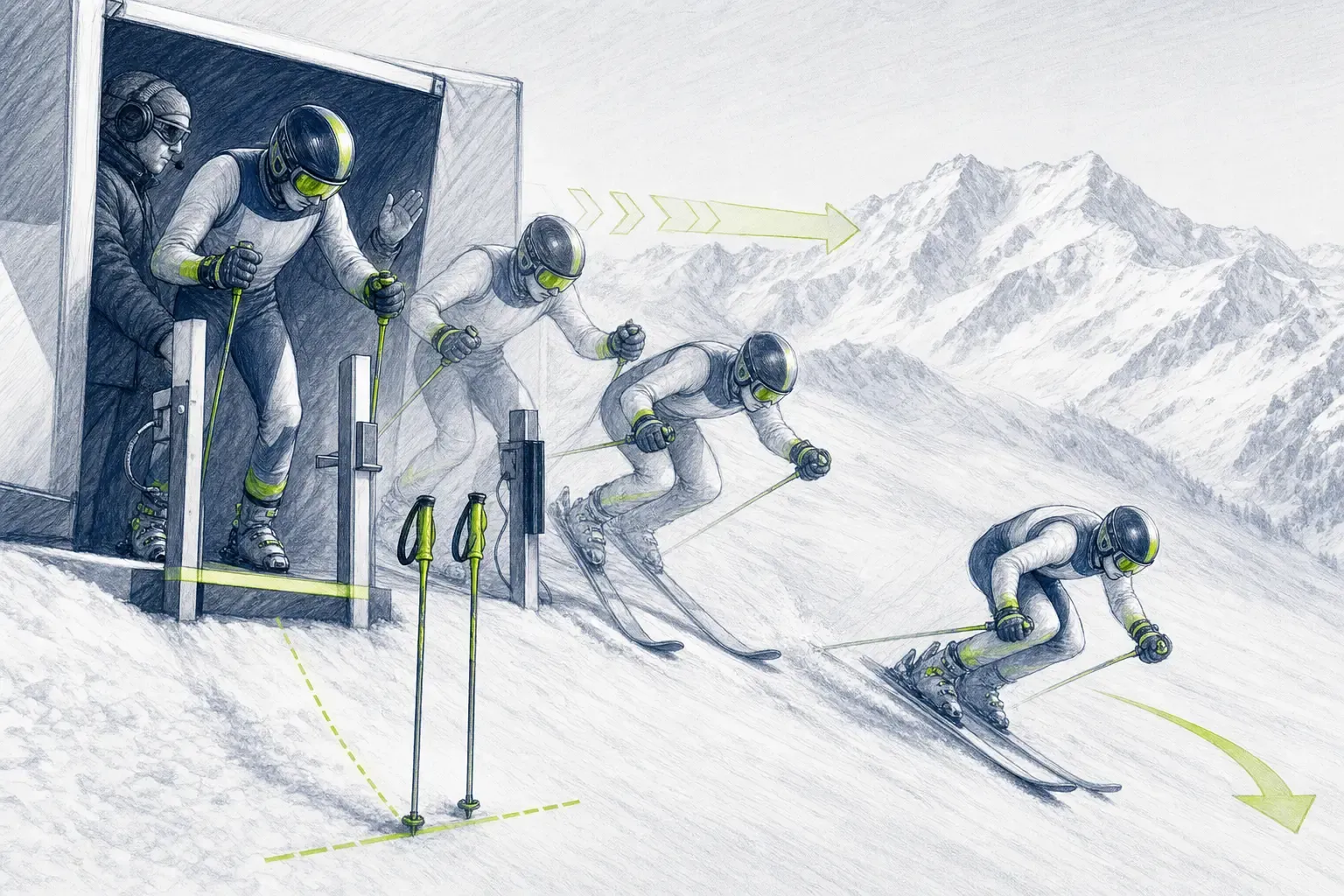 Startprozedur – technische Illustration Ski Loko