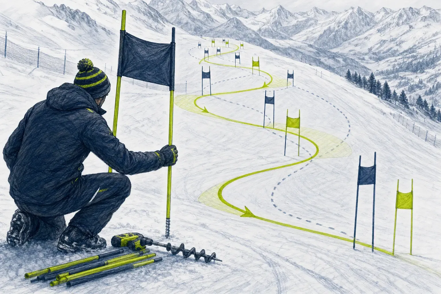 Streckenbauer – technische Illustration Ski Loko