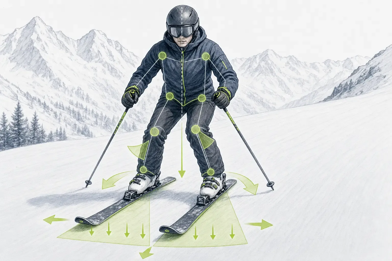 Grundposition im Skilauf – technische Illustration Ski Loko
